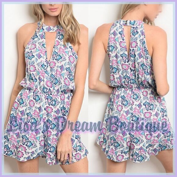 Final Price | Pink and Blue Pastel Tribal Print Sleeveless Ruffle Short Romper - Picture 1 of 8